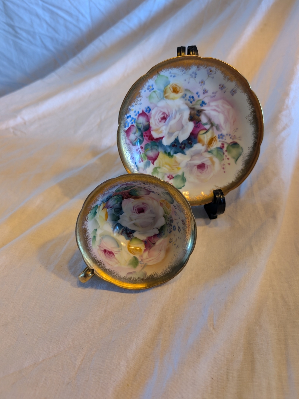 2/60$ Vintage Porcelain Tea Cup and Saucer with Pink Rose and Gold Trim